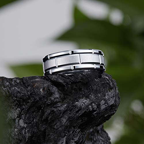 King Will Classic Mens 、Tungsten Carbide Rings Brick Pattern Groove Center | Silver/Black/Gold/Rose Gold, 8mm, Grooved, Comfort Fit, Brick pattern, Everyday Wear - color: A-Silver