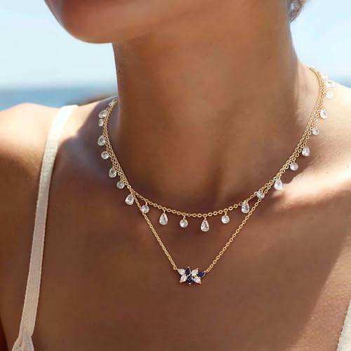 MTMY Gold Choker Necklace for Women, 14K Gold Plated Dainty Cubic Zirconia Cross Heart Shell Teardrop Charm Station Necklaces Trendy Summer Jewelry Gift - style: Drop