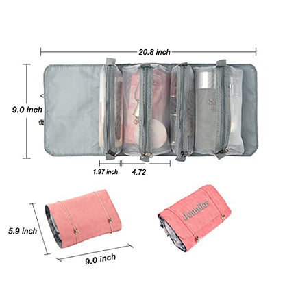GOPHIE Personalized Toiletry Bag Embroidery Roll-Up Cosmetic bag Foldable Portable Travel Organizer Custom Women's Cosmetic Makeup Kits for Women Waterproof (Pink) - color: Pink