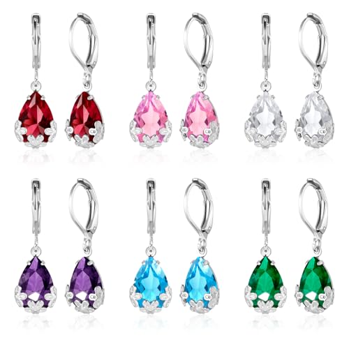 Dangle Earrings for Women Multicolor Crystal Drop Earrings Set Leverback Teardrop Earrings 925 Silver and 14K Gold Plated Hypoallergenic Fashion Cubic Zirconia Dangle Earrings Trendy Jewelry Gifts for Women - style: Teardrop Set-S 2