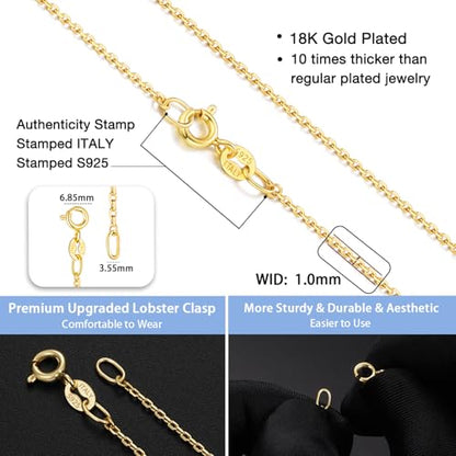 Jewlpire 18k Gold Plated 925 Sterling Silver Chain Necklace for Women, 1mm Cable Chain Necklace Sturdy & Shiny Women's Chain Necklaces 14 16 17 18 20 22 24 Inch - color: 18K Gold Plated, size: 20 Inch
