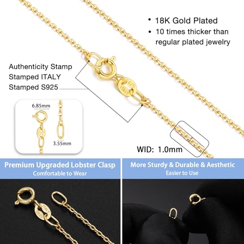 Jewlpire 18k Gold Plated 925 Sterling Silver Chain Necklace for Women, 1mm Cable Chain Necklace Sturdy & Shiny Women's Chain Necklaces 14 16 17 18 20 22 24 Inch - color: 18K Gold Plated, size: 24 Inch