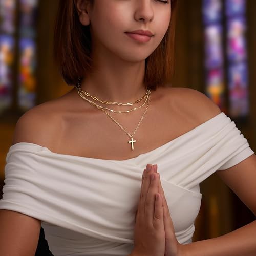 Poxtex Layered Gold Necklaces for Women, Stackable Dainty 14K Gold Silver Plated Trendy Simple Heart Diamond Cross Bow Circle Pendant Paperclip Choker Dot Chain Necklace,Jewelry Set Gifts for Women - color: Gold, style: Contemporary