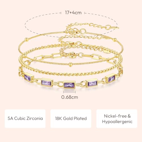 Gold Birthstone Bracelet for Women, 18K Gold Plated Layered Jewelry Bracelet Set, Womens Dainty Stackable Bracelets Link Paperclip Chain Valentines Day Gift for Wife Her - color: Gold-02-Feb.