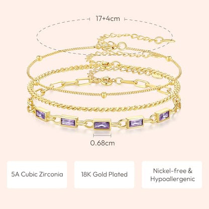 Gold Birthstone Bracelet for Women, 18K Gold Plated Layered Jewelry Bracelet Set, Womens Dainty Stackable Bracelets Link Paperclip Chain Valentines Day Gift for Wife Her - color: Gold-02-Feb.