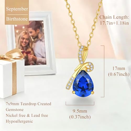 Infinity Birthstone Necklace for Women, Gold Plated Teardrop Cubic Zirconia Pendant, Created Gemstone Twist Necklace for Birthday, Her, Mom, Friend - color: Sapphire-blue-Sept.