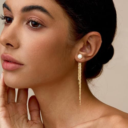 CHESKY Pearl Drop Earrings for Women, 14K Gold Plated Pearl Dangle Earrings | Dainty Pearl Earrings for Women,WaterProof Gold Brides Wedding Earrings,Bridesmaid Bridal Gift,Trendy Women Everyday Jewelry - style: chain
