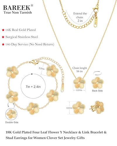 Clover Jewelry Set 3 PC - 18K Gold Plated Stainless Steel Y Necklace Four Leaf Pendant, Clover Link Bracelet Charm, Flower Earrings, Hypoallergenic Non-Tarnish,Simple Luxury Lucky Gifts for Women - color: Gold