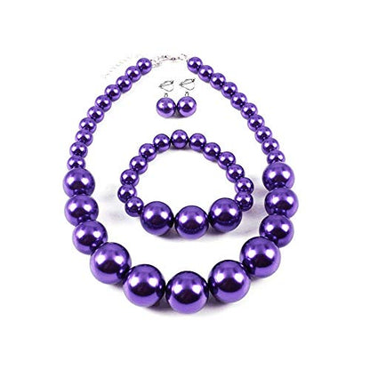 Bridal Wedding Faux Pearl Statement Necklace and Clip on Earrings Bracelet Jewelry Sets Women Bib Choker Necklace - color: Purple-Necklace+Bracelet+Clip Earrings