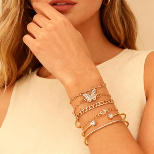 14K Gold Plated Bracelets Sets for Women Non Tarnish Stackable Bangles Dainty Tennis Cuban Paperclip Beaded Knot Rope Link Chain Cuff Trendy Jewelry for Wife Mom Anniversary Birthday Gifts