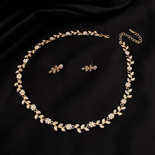 Austrian Crystal Rhinestone Choker Necklace Dangle Earring Link Bracelet Jewelry Set for Brides Bridesmaid Prom Costume Accessories for Women - color: AB Crystal-Gold Plated