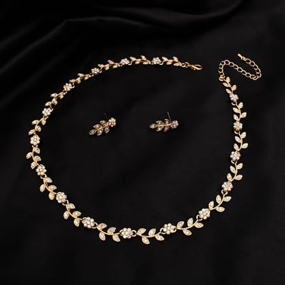 Austrian Crystal Rhinestone Choker Necklace Dangle Earring Link Bracelet Jewelry Set for Brides Bridesmaid Prom Costume Accessories for Women - color: AB Crystal-Gold Plated