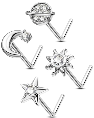 20g L Shaped Nose Rings Studs 4Pcs 316L Surgical Steel Nose Piercing Jewelry Gold Piercing for Women Men - color: steel