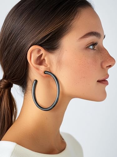 PROSTEEL Chunky Hoop Earrings for Women 14K Gold Plated/Black/Silver | 20/30/40/50/60/70/80mm Stainless Steel Thick Big Round Hoop with Waterproof and Non Tarnish Trendy Jewelry with Gift Box - color: 2. Black, size: 60MM