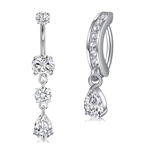 Briana Williams Belly Button Ring Clear CZ Dangle Belly Button Piercing Belly Rings Dangle Belly Button Rings Surgical Steel Teardrop Dangle Belly Button Jewelry for Women Silver Gold - color: C -silver