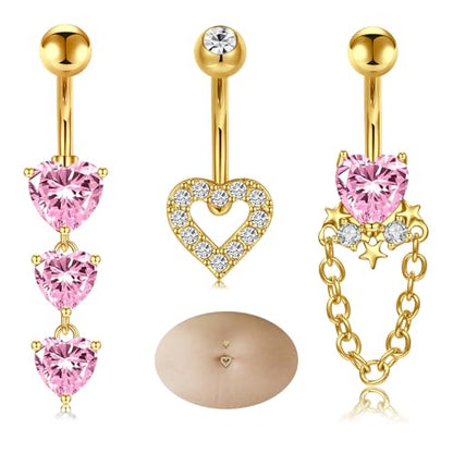 MODRSA Gold Belly Button Ring Dangle Belly Rings Silver Pink Dangling Dangly Belly Button Piercing Hypoallergenic Surgical Steel Opal Butterfly Navel Rings for Women Cute Dainty Navel Jewelry - color: B1- heart 3pcs - gold pink