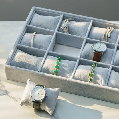 Jewelry Watch Tray, Grey Velvet Watch Jewelry Organizer 12 Grid, Stackable Watch Bracelet Bangle Display Holder, Adjustable Pillows, for Man Woman Show Birthday - color: Grey