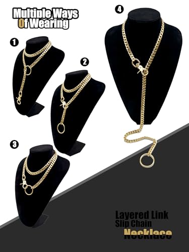 paloli Women's Slip Chain Rainbow Heart O-Ring Chunky Chain Necklace, Rays Cuban Long Layered Jewelry, Adjustable Lariat Y-Necklace Heart Loop Choker - color: M-Oring-Gold