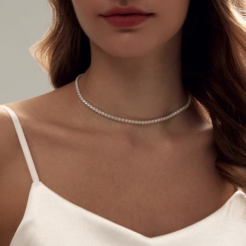HAXIYA Tennis Necklace Bracelet for Women, Sterling Sliver Jewelry Set, Silver/Gold Chocker Necklace, Crystal Bracelet for Women, Wedding Jewelry for Bride, Sparkly Party Prom Hypoallergenic - color: Tennis Neclace - Silver