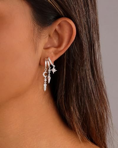 Gold Dangle Earrings for Women, 14k Gold Plated Stacked Triple Hoop Illusion Earrings Cubic Zirconia Huggie Earrings for Women Trendy - color: Star and Moon Silver Earrings
