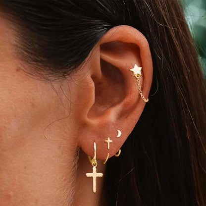 Ear Cuffs Non Piercing Hypoallergenic Gold Plated Ear Cuff Earrings for Women Trendy Clip On Cartilage Earring Set Dainty Adjustable Fake Piercings Earrings Fashion Accessories - color: G:gold cross star earrings set