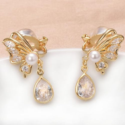 Yoursfs Clip On Pearl Butterfly Earrings for Women Bow Pearl Dangle Earrings Rhinestone Gold Dangle Earrings 18K Gold Plated Jewelry