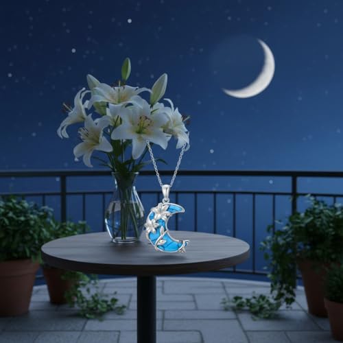 925 Sterling Silver Turquoise Moon Pendant Necklace for Women, Snake/Flower/Bow/Tree of Life/Star Moon Necklace, Dainty Jewelry for Daily Wear & Gifts - style: Style 4