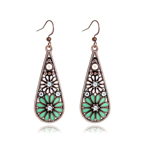 MALOYANVE Bohemian Crystal Teardrop Earrings for Women Vintage Tribal Geometric Enamel Rhinestone Hollow Flower Earring Handmade National Statement Jewelry Gift - color: Cyan