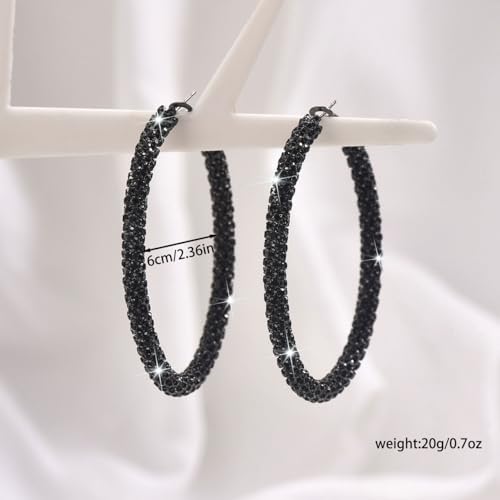 Large Gold Rhinestone Hoop Earrings Silver Sparkly Big Hoop Earrings for Women Black Earring Bling Chunky Silver Hoops 60mm Trendy Statement Earring for Women Bling Hoop for Prom Wedding Party Chunky Jewelry - style: Black Hoops 60mm