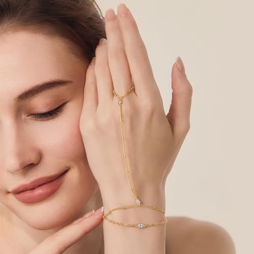 Cicy Bell Hand Chain Bracelets for Women 18K Gold Plated | Layered Stackable Dainty Ring Bracelets, Adjustable Satellite Bead Dot Link Finger Bracelets - color: Style B-Gold