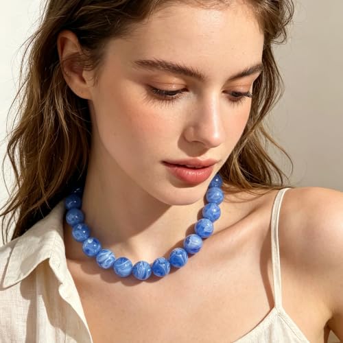 Chunky Necklaces for Women Trendy 20MM Large Resin Beaded Necklace Bold Statement Chunky Choker Necklace Boho Beads Summer Beach Jewelry - color: Sky Blue