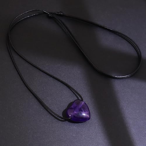 weryerker Natural Gemstone Heart Pendant Necklace Healing Crystal Heart Charm Necklace Adjustable Waxed Black Rope for Women - color: Amethyst
