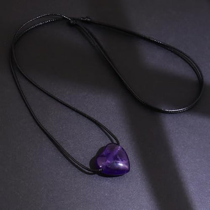 weryerker Natural Gemstone Heart Pendant Necklace Healing Crystal Heart Charm Necklace Adjustable Waxed Black Rope for Women - color: Amethyst