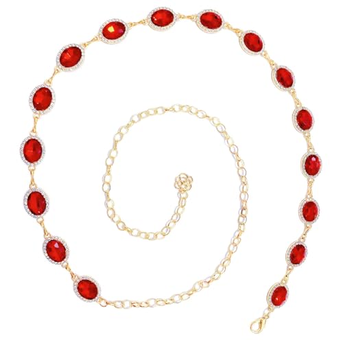 Womens Chain Belt with Jewelry Inlaid Thin Waistband Fashion Waist Belts for Dress Jeans - color: Red