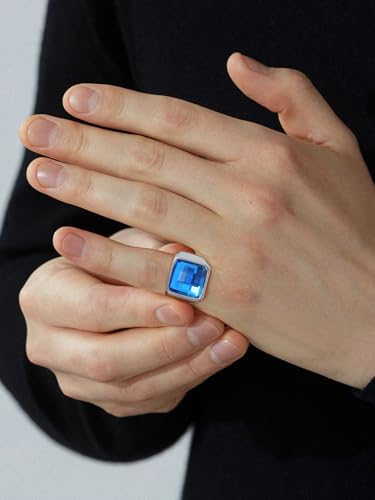 KeyStyle Square Gemstone Signet Rings for Men, Personalized Stainless Steel Pinky Ring with Black Onxy Blue Topaz Birthstone Statement Ring - color: 316L Stainless Steel- Blue Topaz-15mm