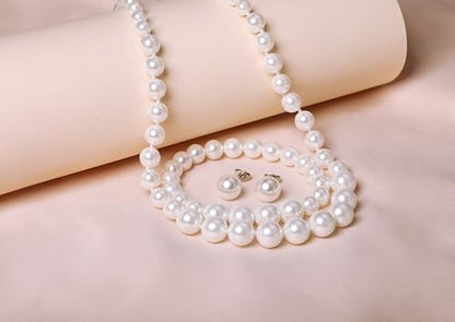 Faux Pearl Jewelry Set for Women, 3 Piece Necklace Bracelet Earrings | Glass Material, Adjustable Comfortable Fit, Party & Prom Accessory - style: White 16 inches