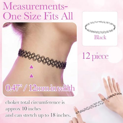 PAGOW Tattoo Choker Set, Stretchy 90s Choker Necklace, Adjustable Retro Y2K Gothic Grunge Chokers Jewelry Accessories - color: Black,12Pcs