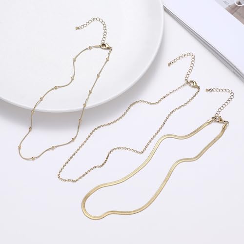 wgoud Gold Necklace for Women Waterproof,14K Real Gold Plated Herringbone Choker Necklace for Women Trendy, Dainty Gold Chain Necklaces Stack,Simple Layered Gold Necklaces for Women Jewelry Gifts - color: 3Pcs Gold Necklace B