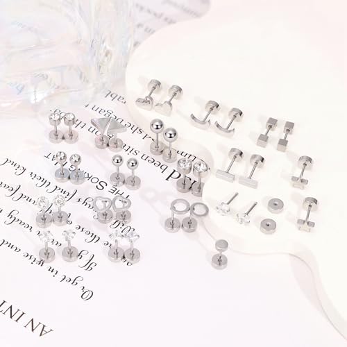 18Pairs 20G 18G Stainless Steel Tiny Stud Earrings for Women Cartilage Helix Earrings Ball Star CZ Earrings - color: Sliver, size: 20G