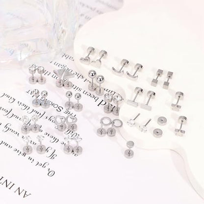 18Pairs 20G 18G Stainless Steel Tiny Stud Earrings for Women Cartilage Helix Earrings Ball Star CZ Earrings - color: Sliver, size: 20G