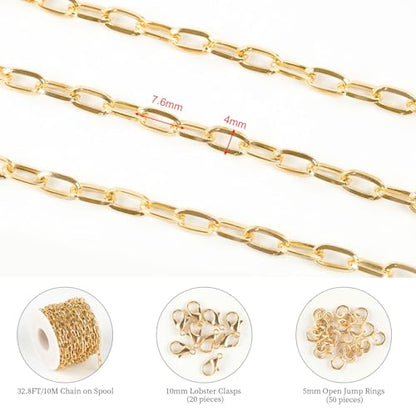 32.8 Feet Thin Paperclip Chains Width 4MM Craft Chain for Necklace Bracelet Earring Making Gold Plated Iron Chain Bulk with Lobster Clasps and Jump Rings Jewelry Making Supplies - color: 7.6x4mm Paperclip