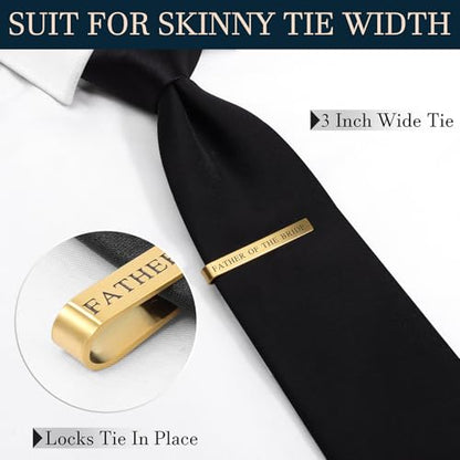 HAWSON Father of the Bride and Groom Tie Clip Best Man Skinny Stainless Steel Marriage Tie Bar Wedding Gift for Man - style: 2“-Golden-Father Of The Bride