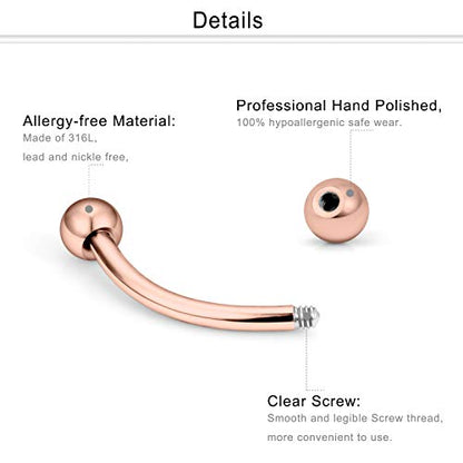 Eyebrow Barbell 16G Surgical Steel Rings with Clear Diamond CZ Curved Barballs Body Piercing Jewelry for Women Men 6mm 8mm 10mm 9 Pieces - color: C: 9Pcs-16G-Rose Gold