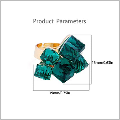 Hebelee Boho Square Crystal Statement Ring for Women Adjustable | Gold-Toned Expandable Promise Engagement Geometric Rings Comfort Fit Elegant Art Deco Christmas Cocktail Y2K Jewelry - color: Green