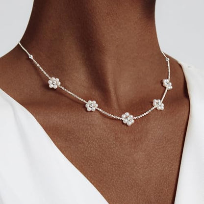 OGD Gold Pearl Necklace Set for Women 14K Plated Layered Daisy Choker Gift - color: Daisy Pearl-Silver