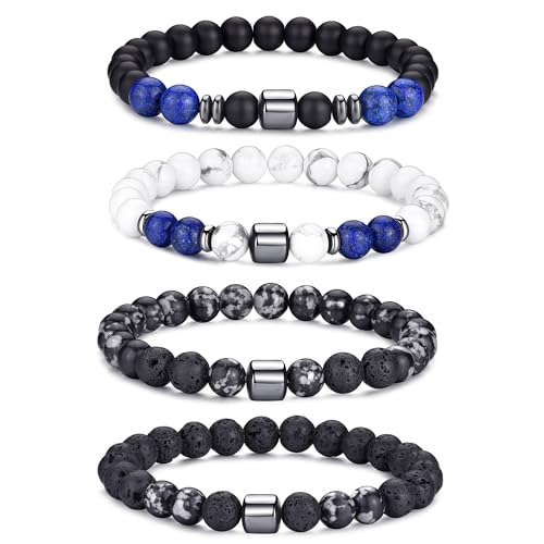 Mens Beaded Bracelets Set 8MM Tiger Eye Lava Stone Stretch Natural Stone Men's Bead Bracelet Mens Bracelet - color: 4,black,gray,lava rock,white bracelet