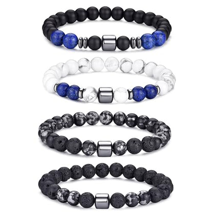 Mens Beaded Bracelets Set 8MM Tiger Eye Lava Stone Stretch Natural Stone Men's Bead Bracelet Mens Bracelet - color: 4,black,gray,lava rock,white bracelet