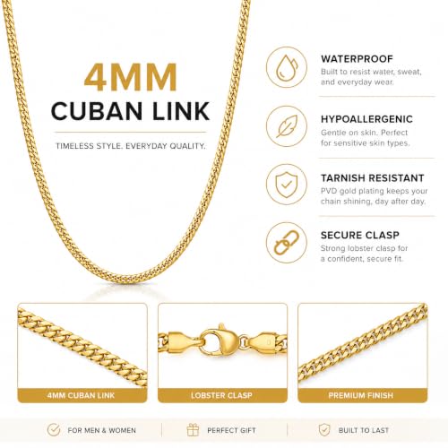 Modstel Premium Cuban Link Chain Necklace 4mm Stainless Steel,Rhodium Plated Silver, For Men & Women, Waterproof, Hypoallergenic, 16-24 Inch - color: Gold, size: 22inch