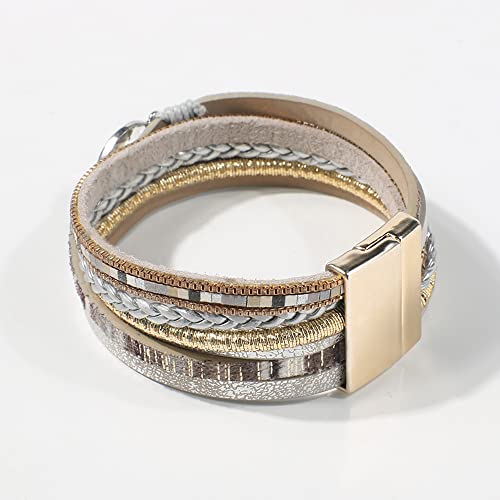 Vercret Leather Wrap Bracelet for Women, Multi-Layer Cuff Bangle | Boho Stacked Bracelets with Safe Clasp Western Bangle Jewelry Gift for Lady and Mom Sister Friend - style: Light Grey Leather Bracele