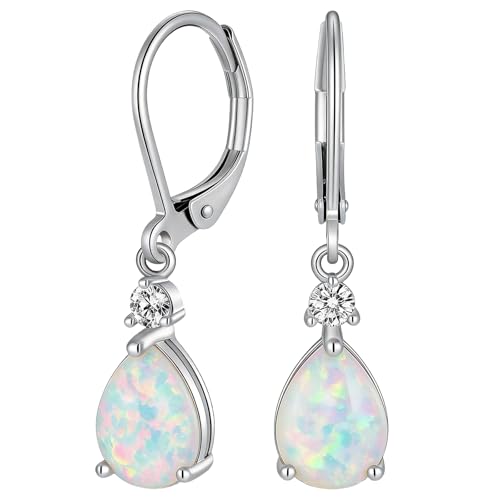 Dainty Opal Earrings for Women Sterling Silver Pear Oval Blue Opal Dangle Earrings Leverback Earrings Gold - color: leverback-white